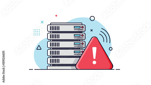 Critical server failure and system error warning shown with a red alert triangle icon next to a data center rack.