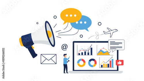 Digital marketing and public relations campaign concept featuring a megaphone broadcasting information and data charts.
