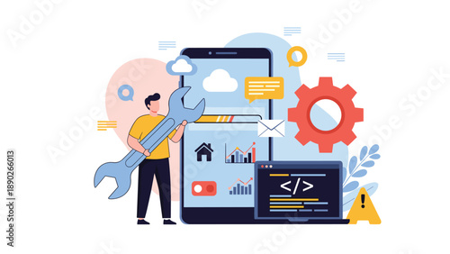 Mobile application development and software maintenance concept showing a technician repairing a large smartphone device.