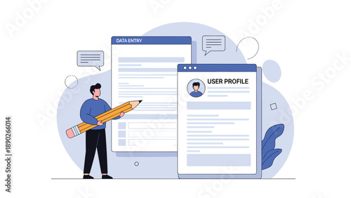 Professional data entry and user profile management showing a person editing digital documents with a large pencil.