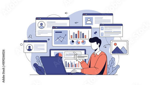 Multitasking professional managing complex digital projects and data analysis across multiple computer screen interfaces.
