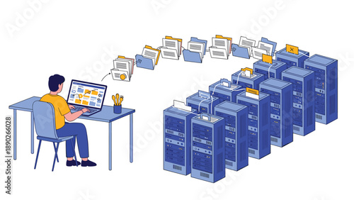 Large scale data migration and server storage management showing a person transferring digital files to multiple racks.