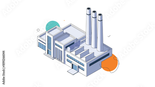 Contemporary industrial factory building featuring three tall chimneys and a clean architectural design style.