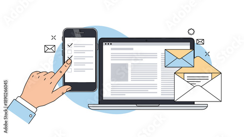 Digital task management and email communication concept with a user checking a list on a mobile phone and laptop.