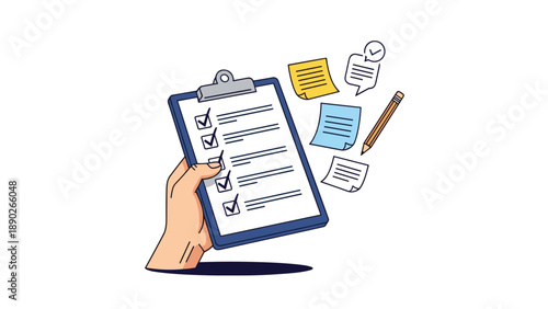 Project planning and task management showing a hand holding a clipboard with a completed checklist and notes.