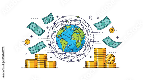 Global economy and international finance concept with a digital world map surrounded by cash and stacks of coins.