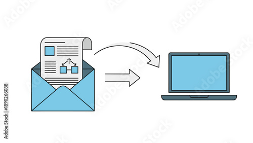 Digital mail communication and document delivery showing a file being transferred from an envelope to a laptop.