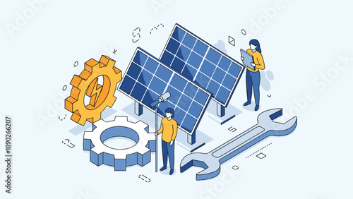 Technical team installing solar energy panels with gears and tools symbolizing renewable energy maintenance and repair.