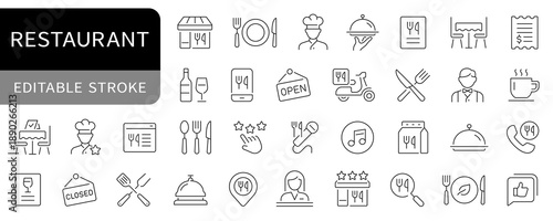 Restaurant simple line icons set. Chef, food delivery, menu, waiter editable stroke icon. vector
