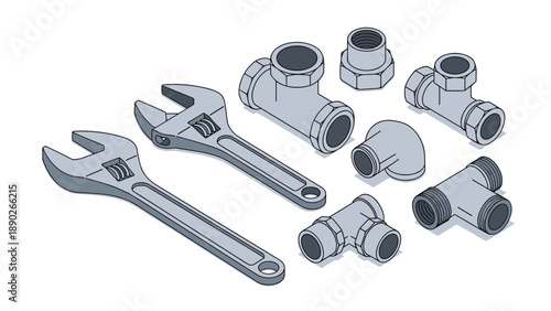 Plumbing components including various metal pipe fittings and two adjustable wrenches for professional maintenance work.