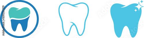 Dental care tooth icons with clean healthy smile symbols modern blue vector illustration for dentistry clinic branding design
