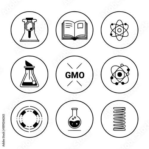 Modern science icons in editable stroke line vector style with atom, book, burner, GMO, magnetic field, chemical, spring