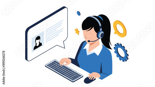 Professional customer service representative wearing a headset and working on a computer to provide online support.