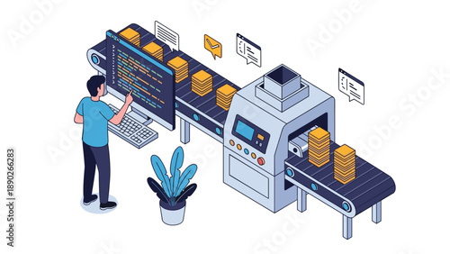 Automated factory assembly line featuring a conveyor belt and a technician monitoring the production on a screen.