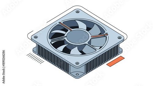 Computer hardware component featuring a cooling fan and heat sink designed to regulate the temperature of a processor.