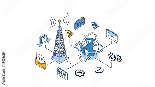Telecommunications tower transmitting signals with global network icons representing worldwide connectivity and data.