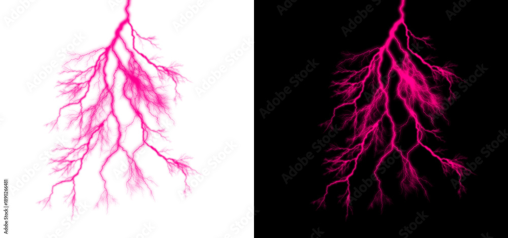 Obraz premium Intense pink lightning bolt strike on transparent and black backgrounds, abstract energy and power effect