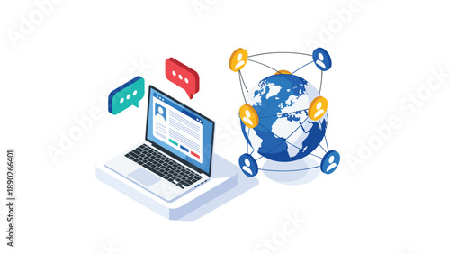 Global networking concept featuring a laptop with a user profile and a world globe with interconnected people.
