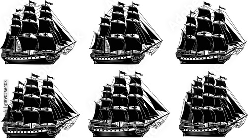 Vintage sailing ship silhouettes set, black pirate galleon vector illustration, nautical maritime transport design, isolated on white background, for stock graphics collection