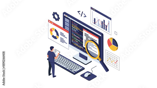 Data analysis and software development concept featuring a computer screen with charts, code, and a magnifying glass.