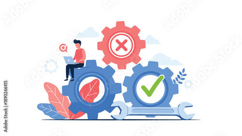 Business decision making and troubleshooting concept featuring gears with check and cross marks and a technician.