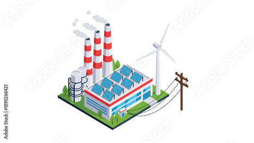 Green energy factory featuring solar panels on the roof, a wind turbine, and electrical power line infrastructure.