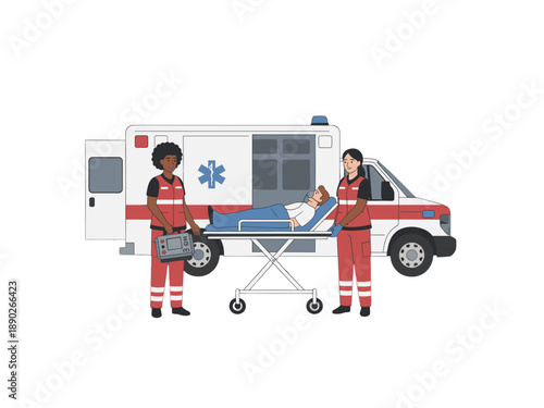 Paramedics Transporting Patient on Stretcher Beside Ambulance