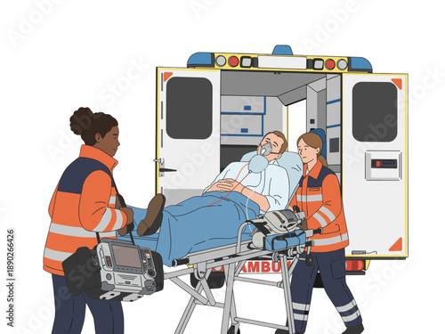 Paramedics Loading Patient With Oxygen Mask Into Ambulance