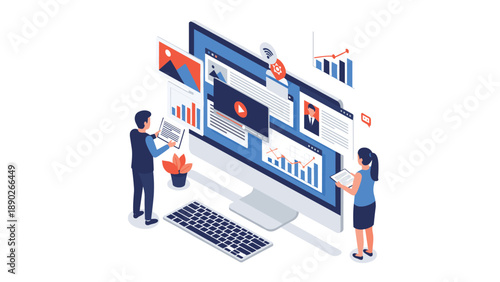 Content creation and digital marketing concept featuring video, images, and data charts on a large computer screen.