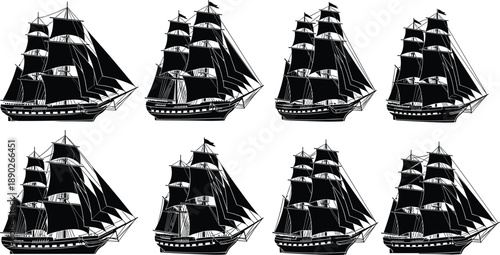 Vintage sailing ships vector illustration set, tall wooden vessels in black silhouette for maritime history, nautical design, pirate, ocean travel themes