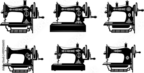 Vintage Sewing Machine Black Silhouette Set, Classic Retro Tailor Equipment, Antique Domestic and Industrial Craft, Isolated Monochrome Vector Illustration Collection