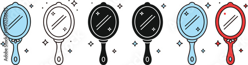 Hand mirror icon set in colorful and black styles with sparkles for beauty salon makeup and grooming designs