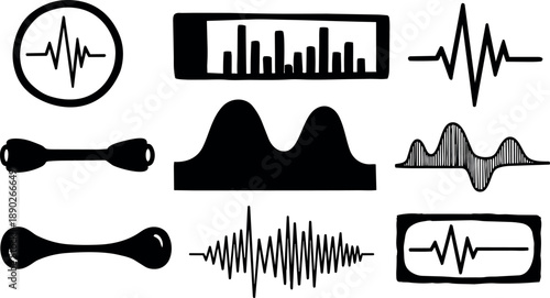 Black and white vector sound wave icons set with varied waveform shapes and rectangular frames in minimalist flat design style