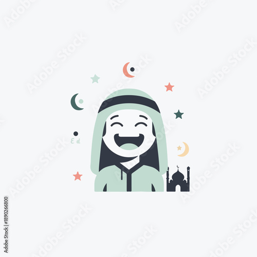 Happy Muslim man wearing traditional headwear smiling with mosque and crescent moon stars