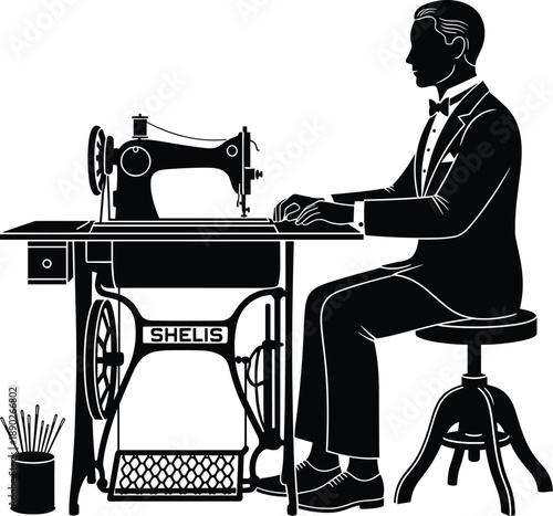Vintage tailor sewing vector illustration with man operating classic sewing machine, black silhouette artisan at work for fashion, craftsmanship, tailoring studio design