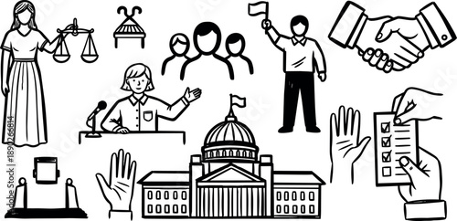 Hand drawn black and white political symbols including courthouse building, judge holding scales, voting checklist, handshake, and public speaker illustration