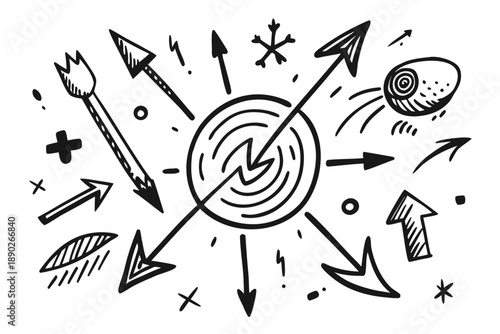 Black and white doodle arrows and abstract scribbles around a circle