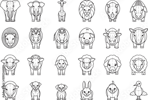 A diverse collection of animals. Each animal is meticulously captured in a line art, showcasing the distinct characteristics of the animal. 