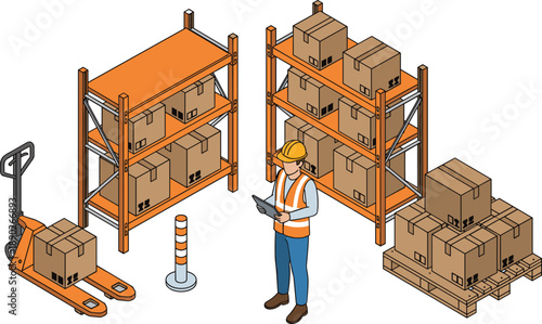 Warehouse logistics illustration showing worker inspecting inventory with boxes, pallets, shelving and pallet jack, industrial storage and distribution operations isolated on white background