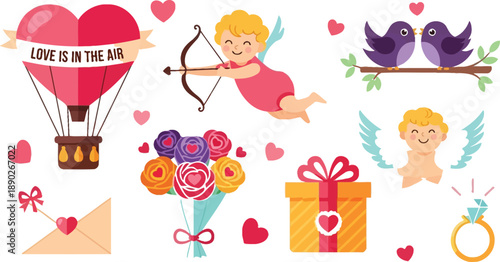 A colorful illustration of Valentine's Day symbols and objects on a white background