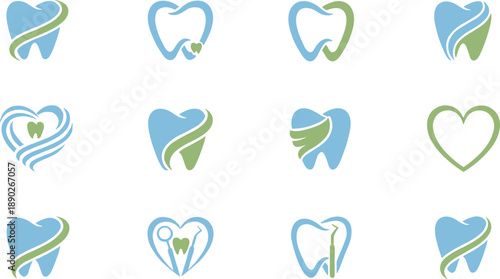 Dental care tooth logo icon set with heart symbols for dentistry clinic hygiene health modern vector illustration design collection