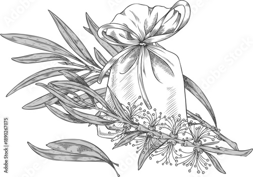 Tea tree branch with leaves flowers, sachet bag sketch, vector engraved hand drawn essential herb, aroma plant product