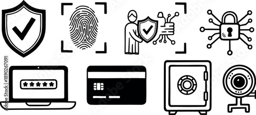 Black and white security icons set including shield checkmark fingerprint laptop password credit card safe camera vector symbols