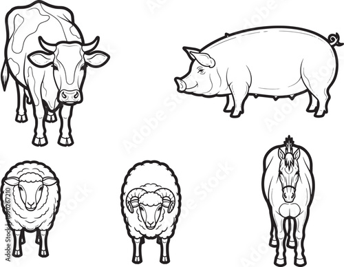 A collection of farm animal illustrations, including a cow, pig, sheep, ram, and horse, perfect for educational materials or design projects.