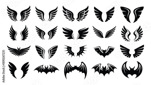 Collection of keywords: black silhouette wings and bat on white background