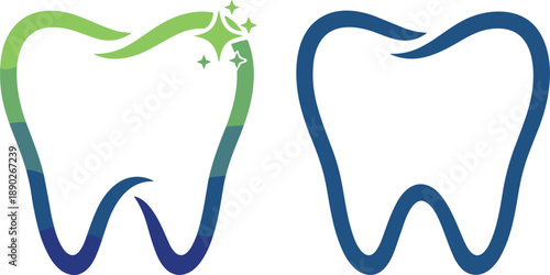 Dental care tooth outline icons with sparkle effect modern clinic healthcare branding blue green vector illustration design set professional