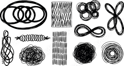 Hand drawn tangled ink lines and shapes set with abstract loops swirls and scribble doodles isolated on white background