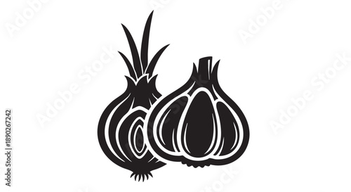 Illustration of two onions with detailed shading and texture on a plain background from a front viewpoint