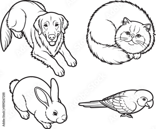 A charming selection of illustrations, including a playful dog, a cute cat, a fluffy rabbit, and a colorful parrot. A perfect depiction of beloved pets.