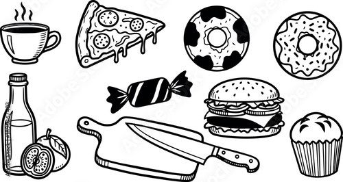 Black and white hand drawn pizza slice donut coffee cup burger cupcake cutting board knife candy lemon slice set